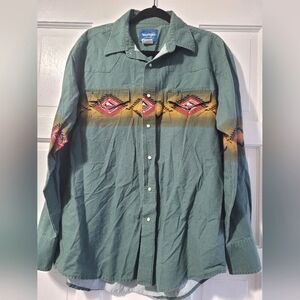 Vintage Wrangler Green, Red Yellow Aztec Western Shirt, Size Large, Pearl Snaps